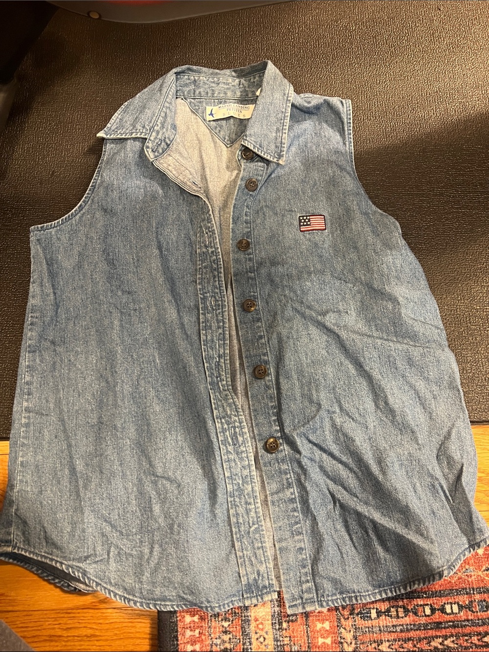 Denim button up tank top with American flag logo